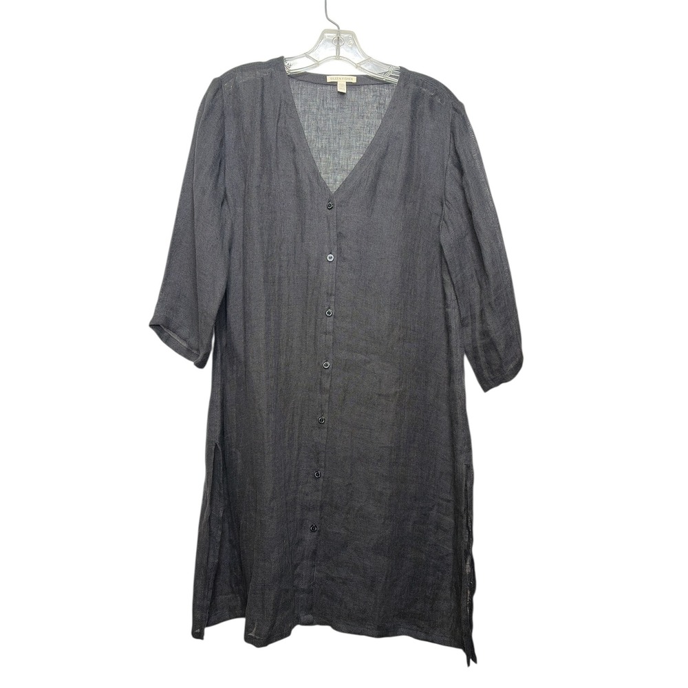 EILEEN FISHER‎ Linen V Neck Button Front Tunic Top Black Size XS